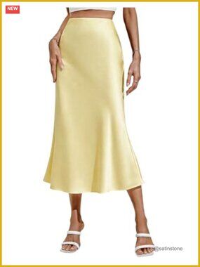 Satin High Waisted Flared Hem Fishtail Midi Skirt Silky Bodycon